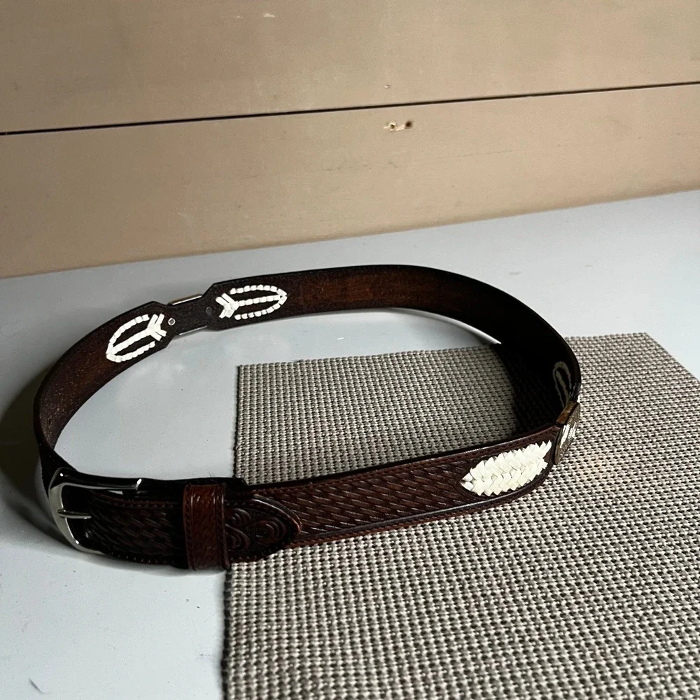 RIBCO USA Mens Brown Leather Basketweave Belt White Whipstitch Western 36